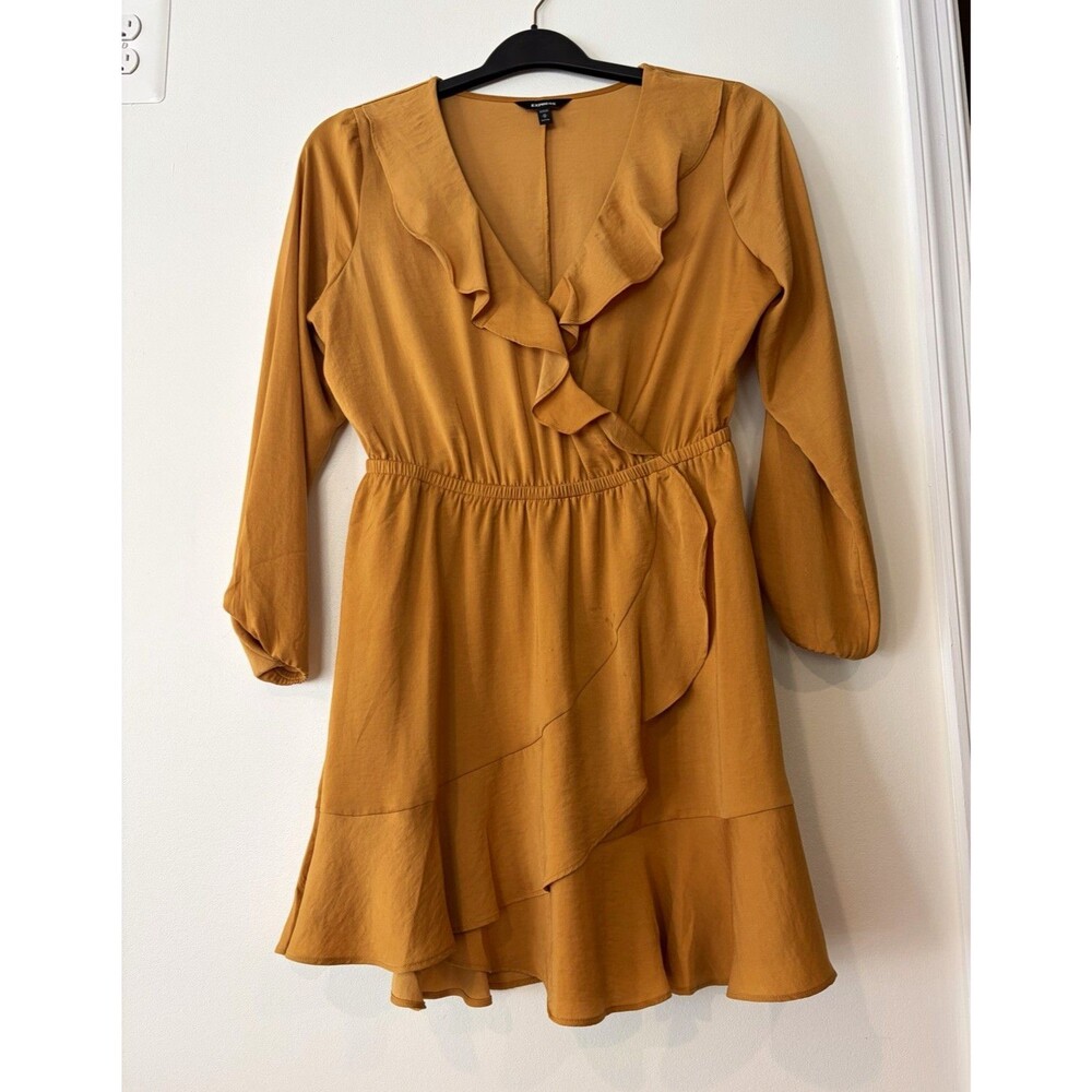 Express Petite PM Brown Solid Wrap Dress Short Ruffle V-Neck Long Sleeve